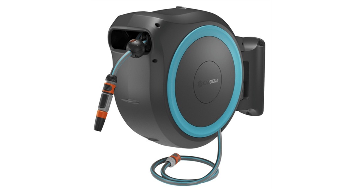 GARDENA35 m Wand-slangenbox Powerroll XL slanghaspel  (Grijs/turquoise, 35 meter, Accu en oplader inbegrepen, POWER FOR ALL ALLIANCE)