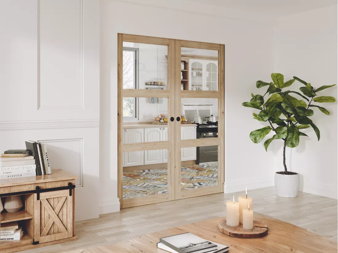 Porte coulissante double avec système à galandage en bois et verre trempé - 3 fenêtres - 2 x H205 x L83 cm - ACOSTA II