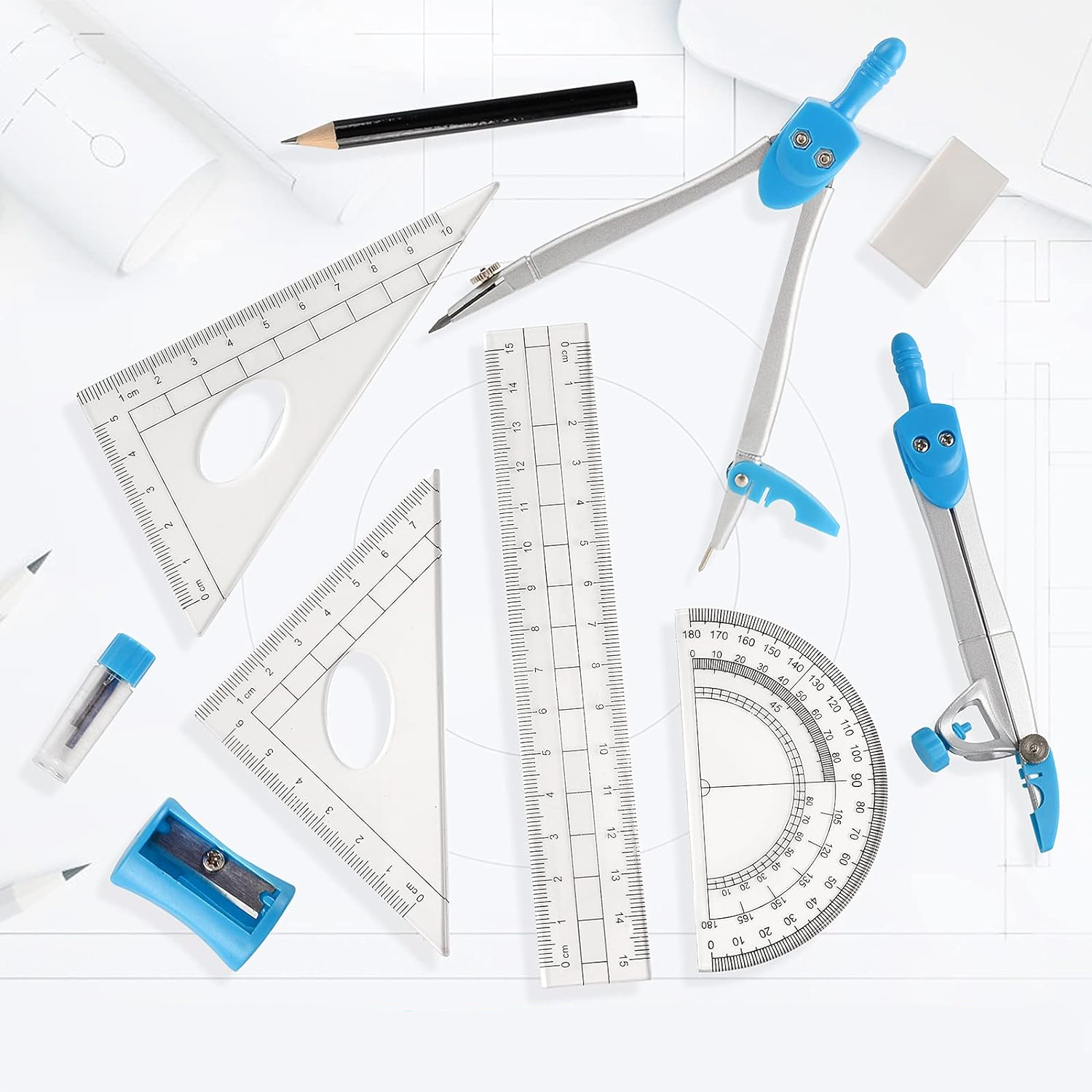 (10-tlg. Set) Geometrie Starter Kit Mathematik Schul Zubehör mit Bleistift / Radiergummi / Spitzer / Lineal / Zirkel - Blau