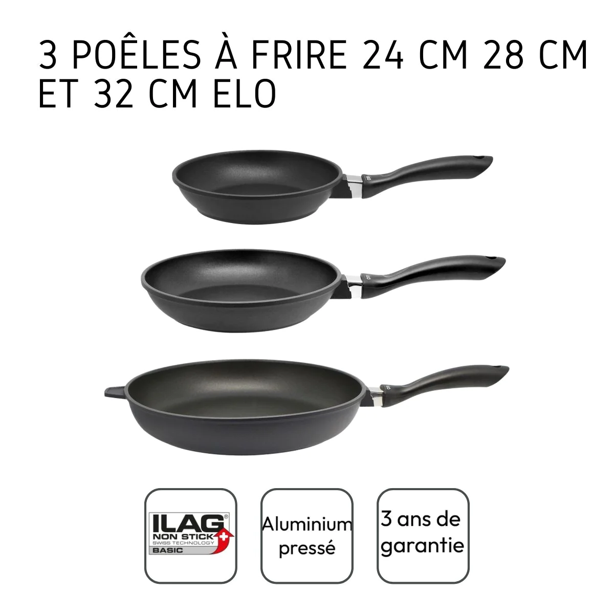 Set de 3 poêles à frire 24 cm 28 cm et 32 cm en fonte d'aluminium Aluc