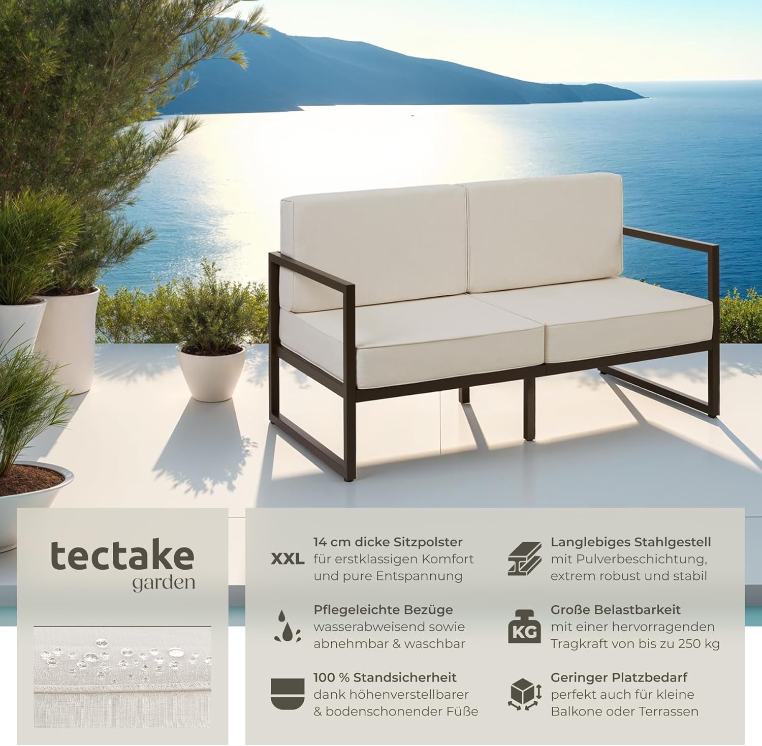 tectake® Garten Lounge Sofa 2 Sitzer, Couch, Gartenmöbel, Balkonmöbel, Terrassenmöbel, Wintergarten Lounge Möbel Outdoor, Gartenbank wetterfest, Sitzbank mit Lehne, Gartenlounge - 2 Sitzplätze