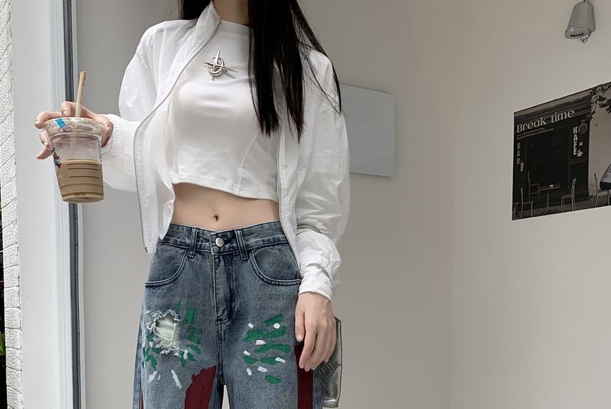 Cerauno - High Waist Brush Print Washed Distressed Wide Leg Jeans