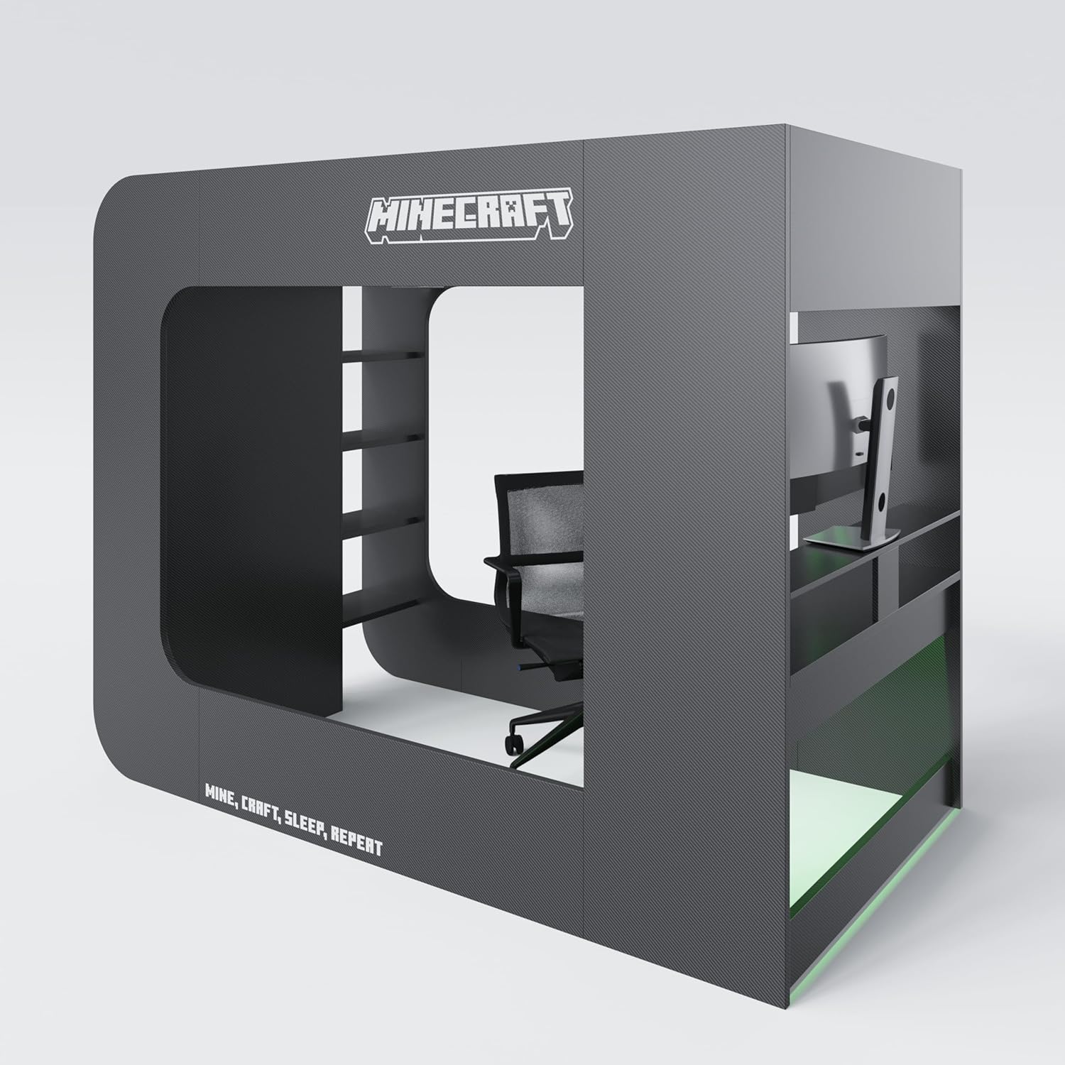 Minecraft - Kojenbett, Hochbett, Gamingbett 120x90cm, mit Leiter, Schreibtisch und Stauraum, Schwarz Carbon Optik