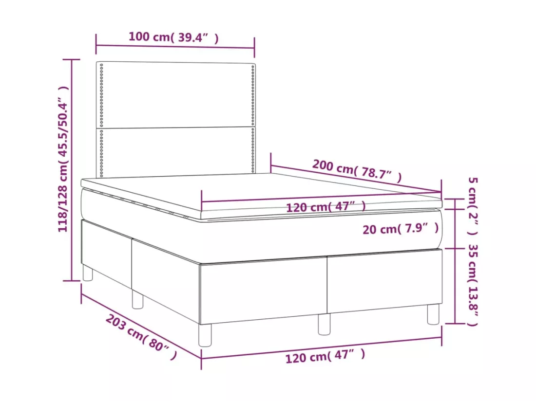 Sommier tapissier matelas et LED Gris 120x200 cm Similicuir