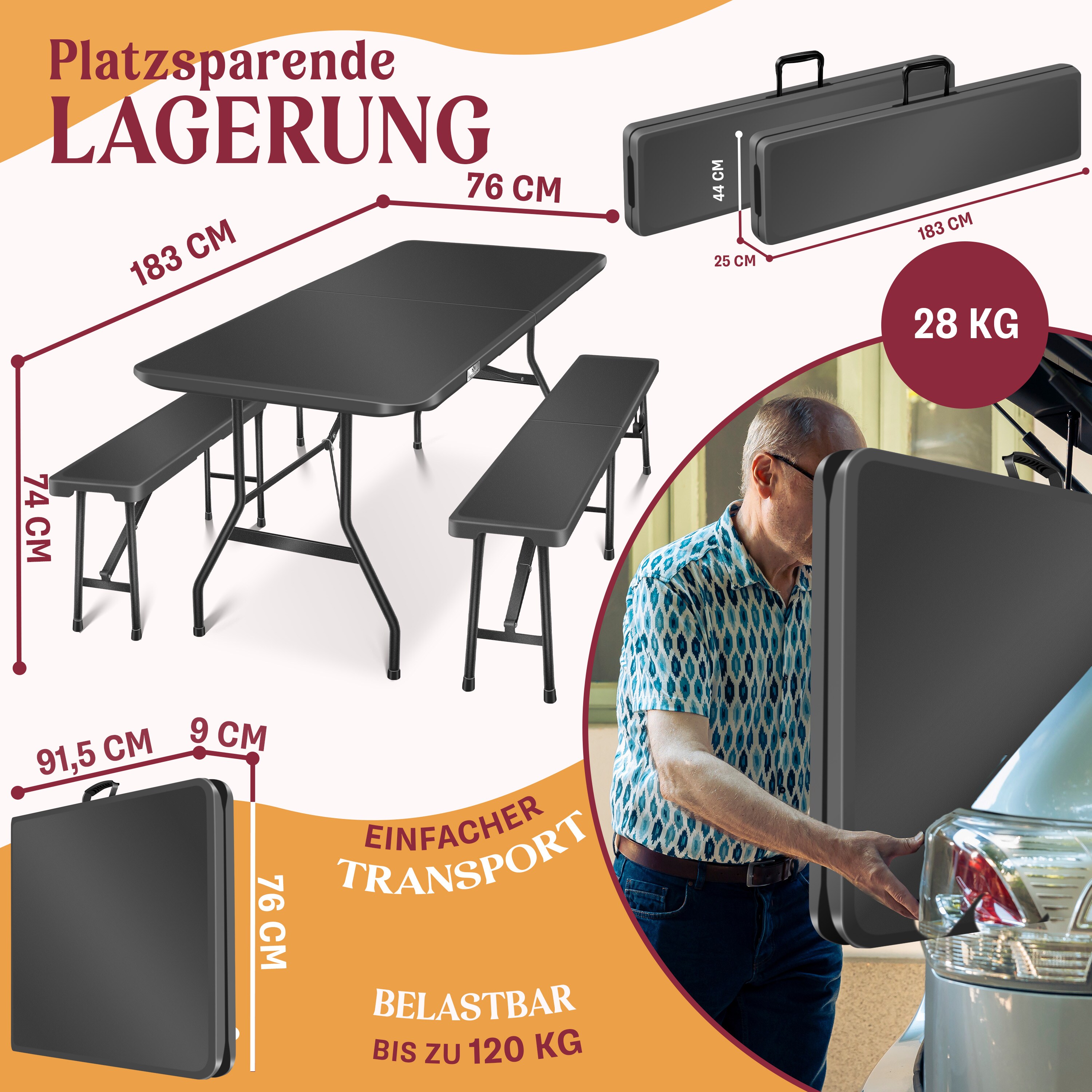 KESSER® Bierzeltgarnitur - 3-teilig Set, Tisch + 2 x Bank, für drinnen - draußen, klappbar, Tragegriffe, HxBxT: 73x180x75 cm , Kunststoff, Rattan-Look Gartengarnitur , Klapptisch , Gartentisch