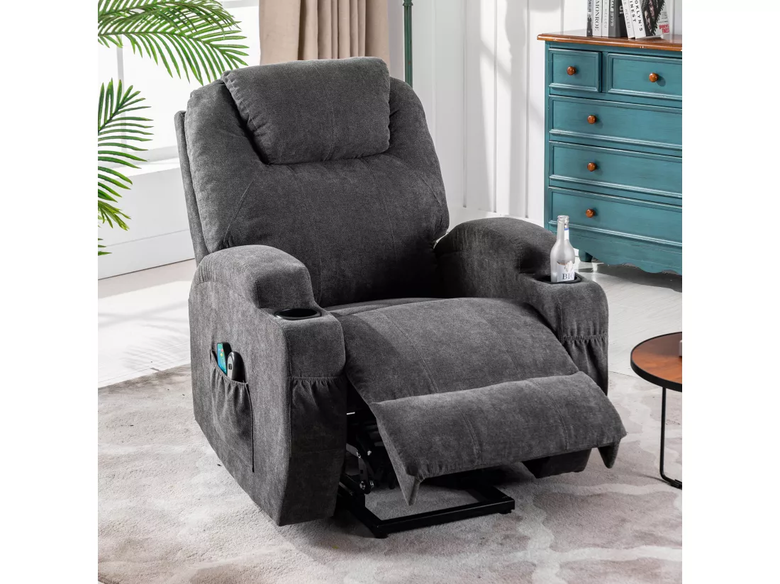 Fauteuil relax électrique avec fonctions de chauffage et de vibration - 2 porte-gobelets et poches latéralles - Gris