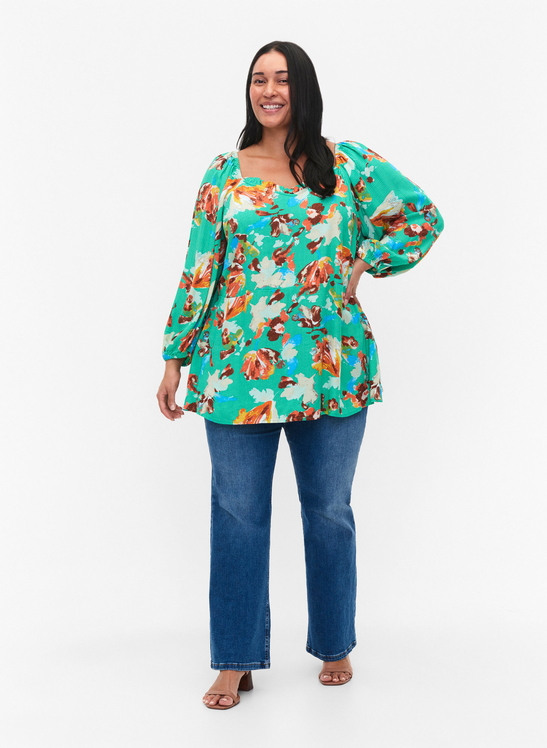 Viskose bluse med print og 3/4 ærmer