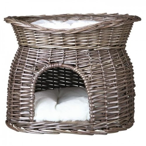 Cesta de vime com cama e 2 almofadas, cor cinza.