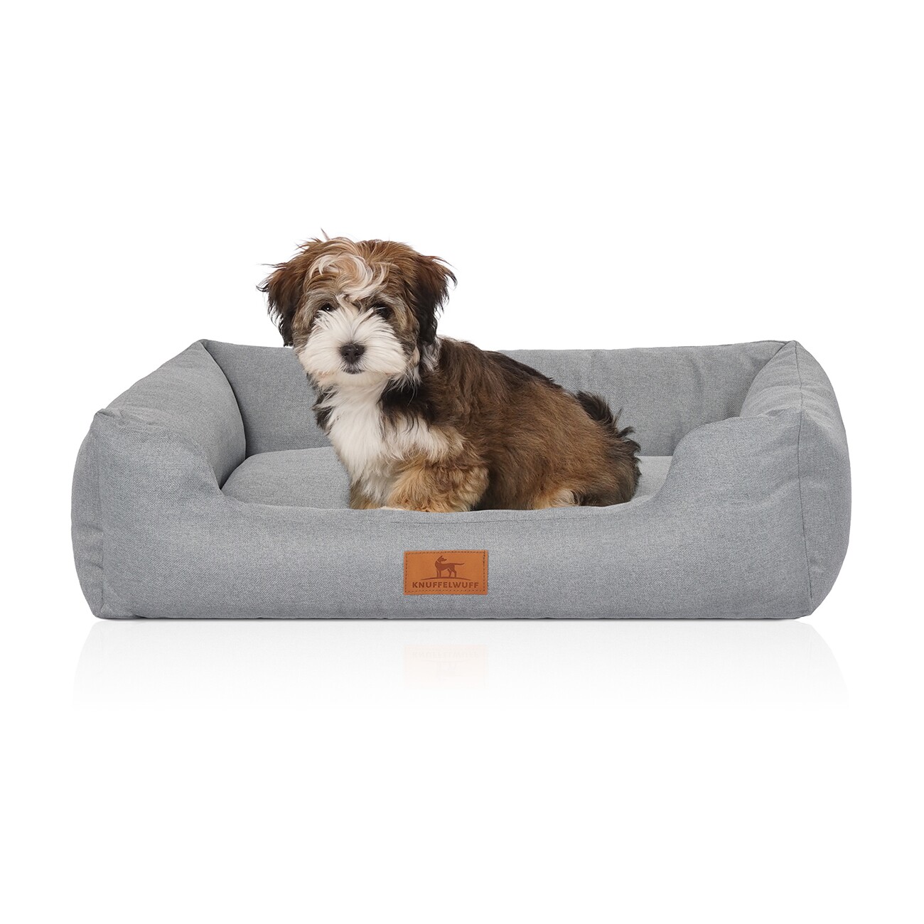 Knuffelwuff Hundebett Emma aus Velours mit feinem Handwebcharakter in Pastellfarben petrol M-L