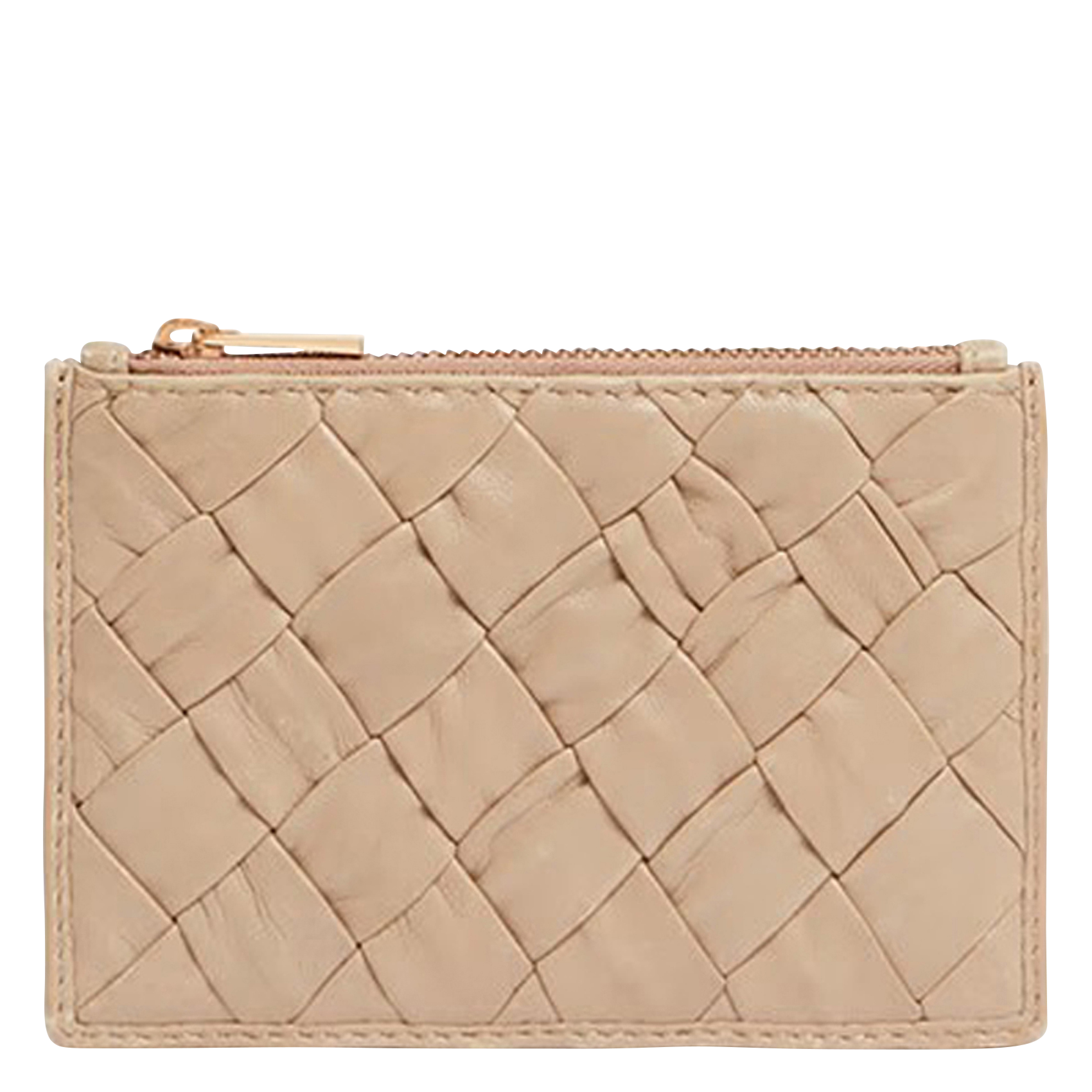 Porte-monnaie zippé en cuir tressé| Beige
