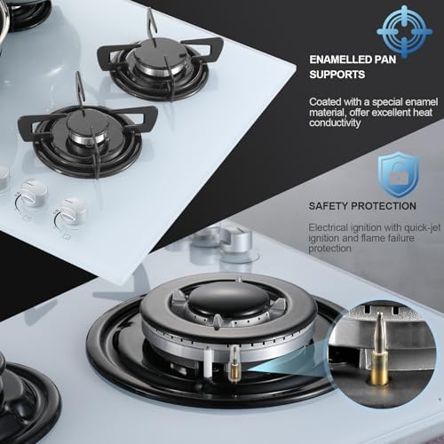 TopStrong Plaque de Cuisson Gaz 4 Feux, 60cm Plaque Gaz 4 Feux avec Sécurité Thermocouple, Cuisinière Encastrable, Naturel/Propane, 8060W, 220 240 V, Verre Noir : Gros électroménager