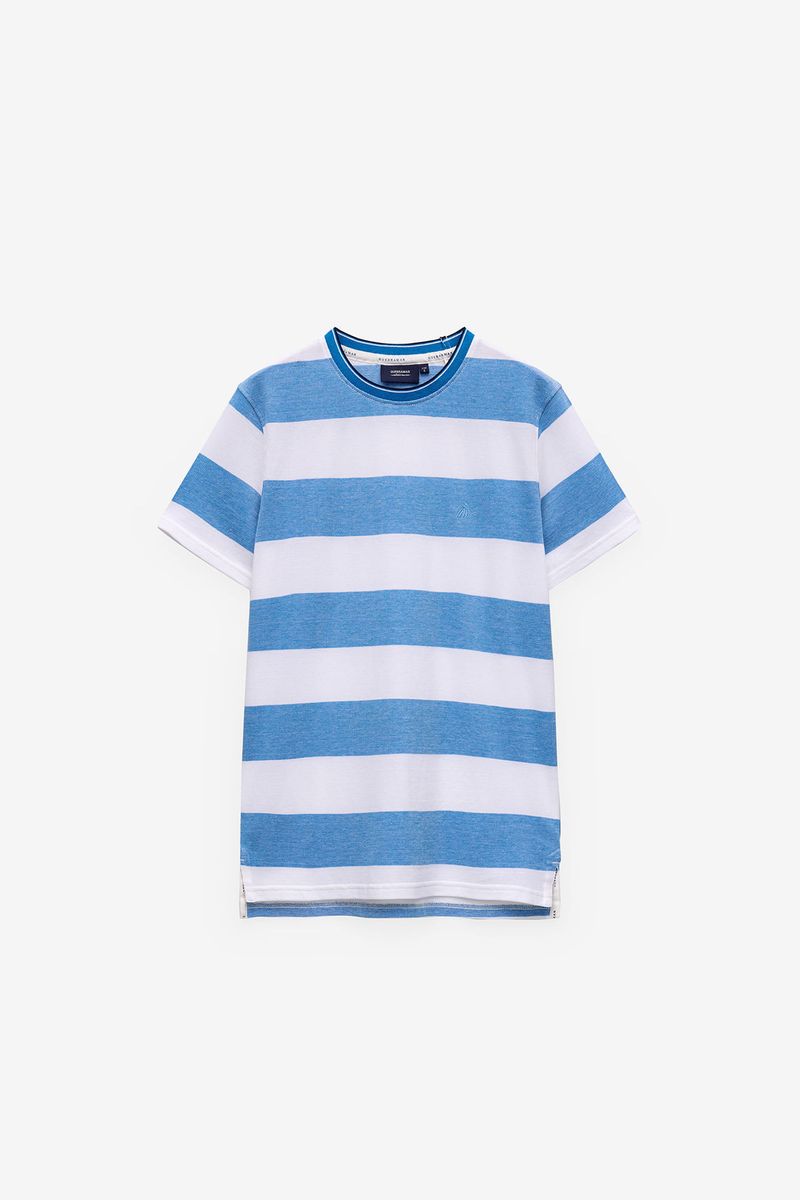 T-SHIRT EM PIQUET COM RISCAS LARGA