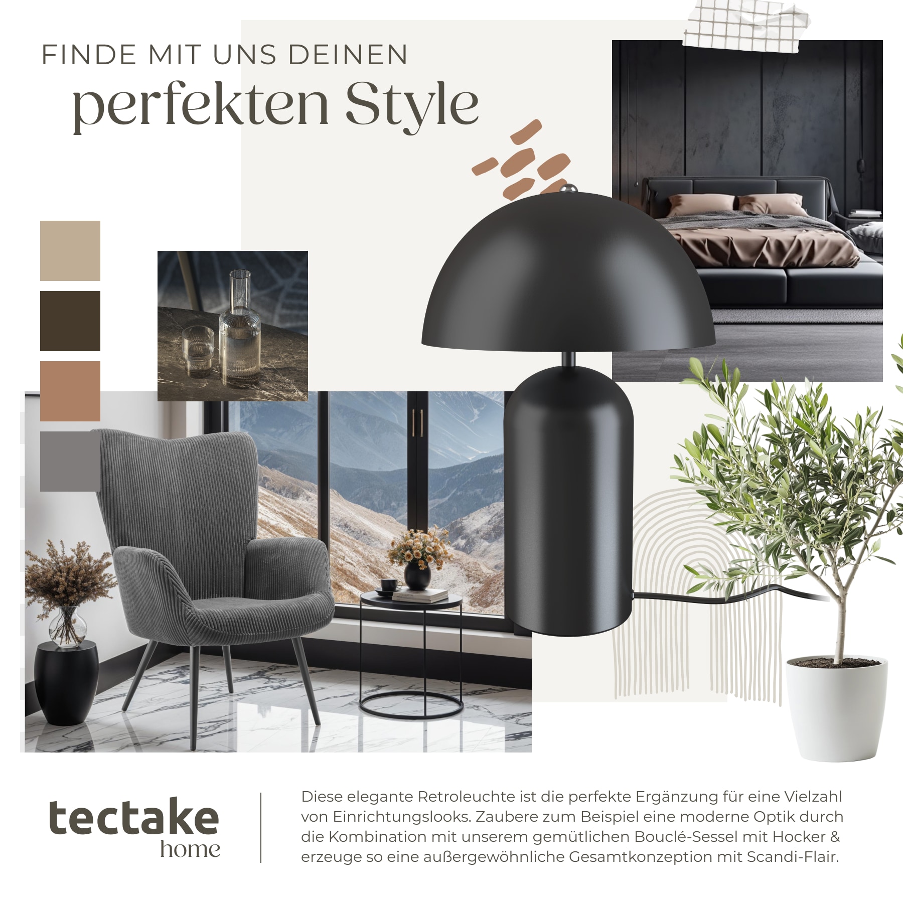 tectake® Retro-Tischlampe, Pilzdesign im 70er Jahre Stil, indirektes Licht, Kippschalter am Kabel, 25 x 37 cm