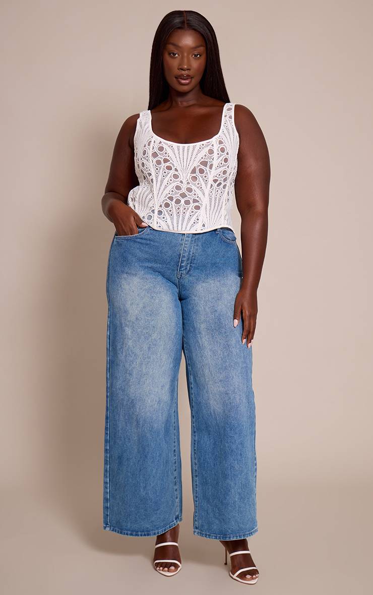 Blanc Corset Grande Taille Transparent Texturé À Fleurs Et Encolure Carrée
