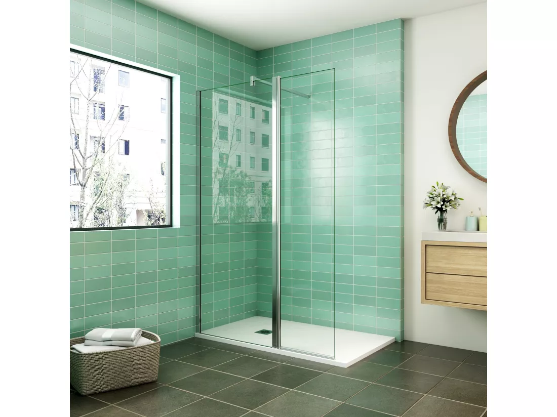 Paroi de douche à l'italienne 80x200cm avec retour pivotant 50x200cm - Verre securit - Avec barre de fixation carrée 140cm
