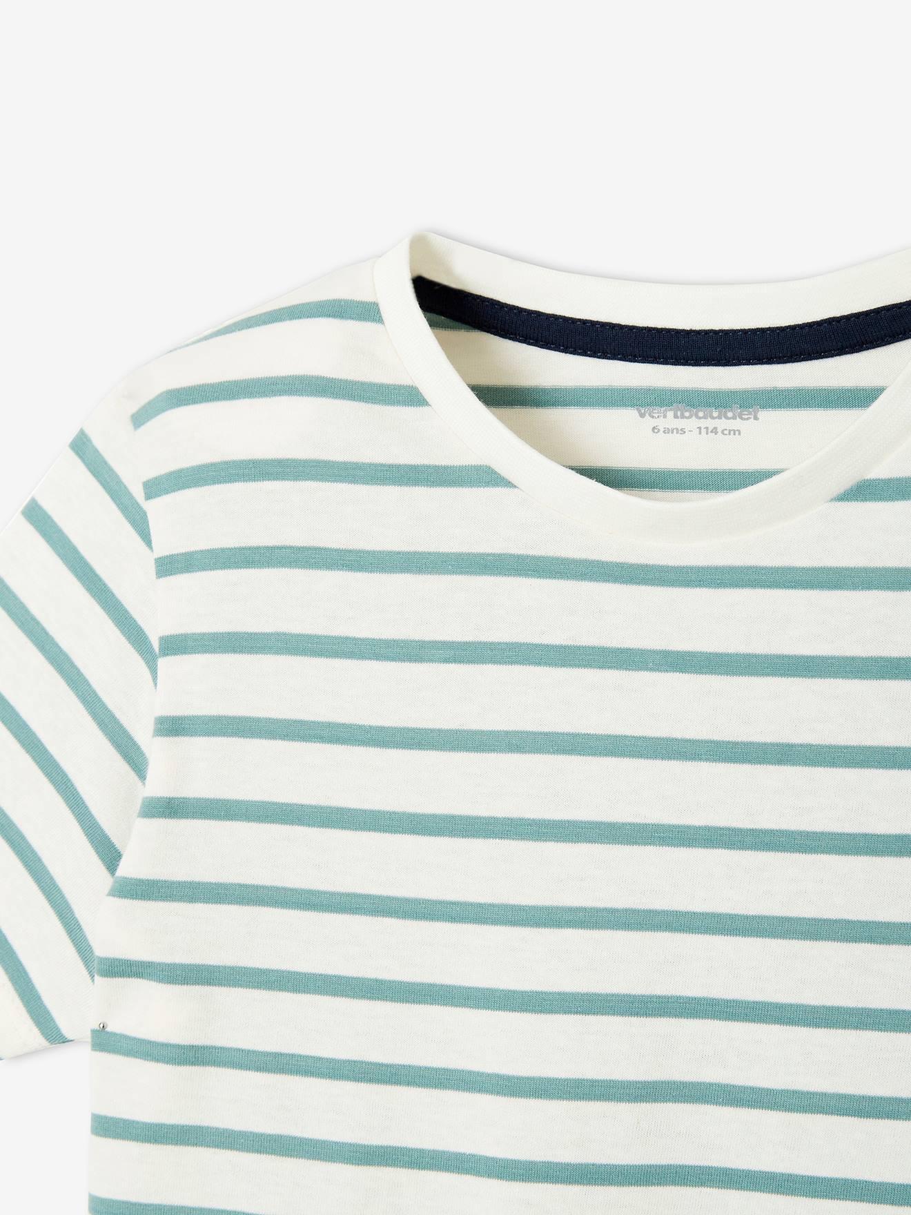 Camiseta de manga curta estilo marinheiro para meninos, verde médio com listras.