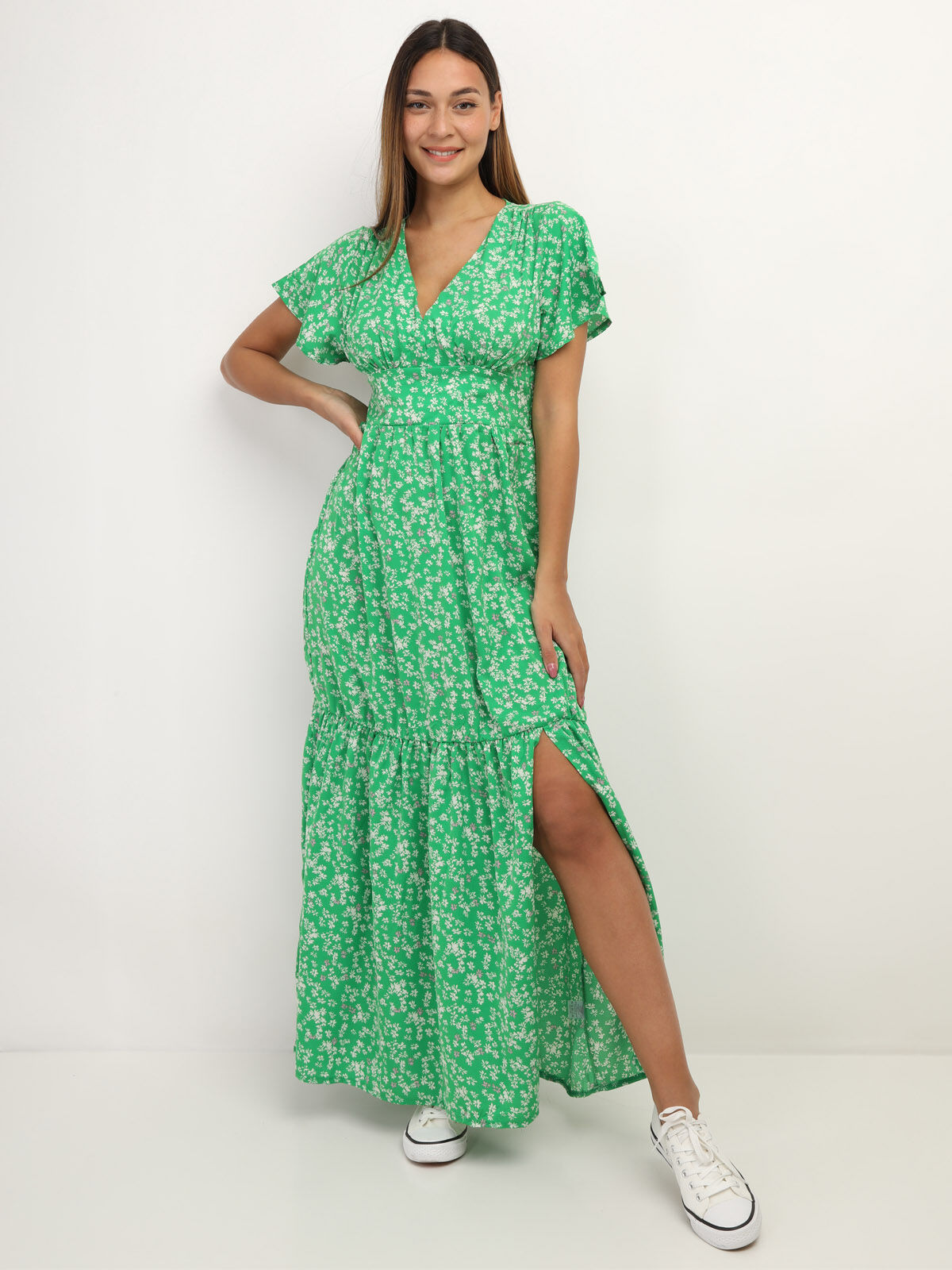 Robe fluide à fleurs fendue- Vert