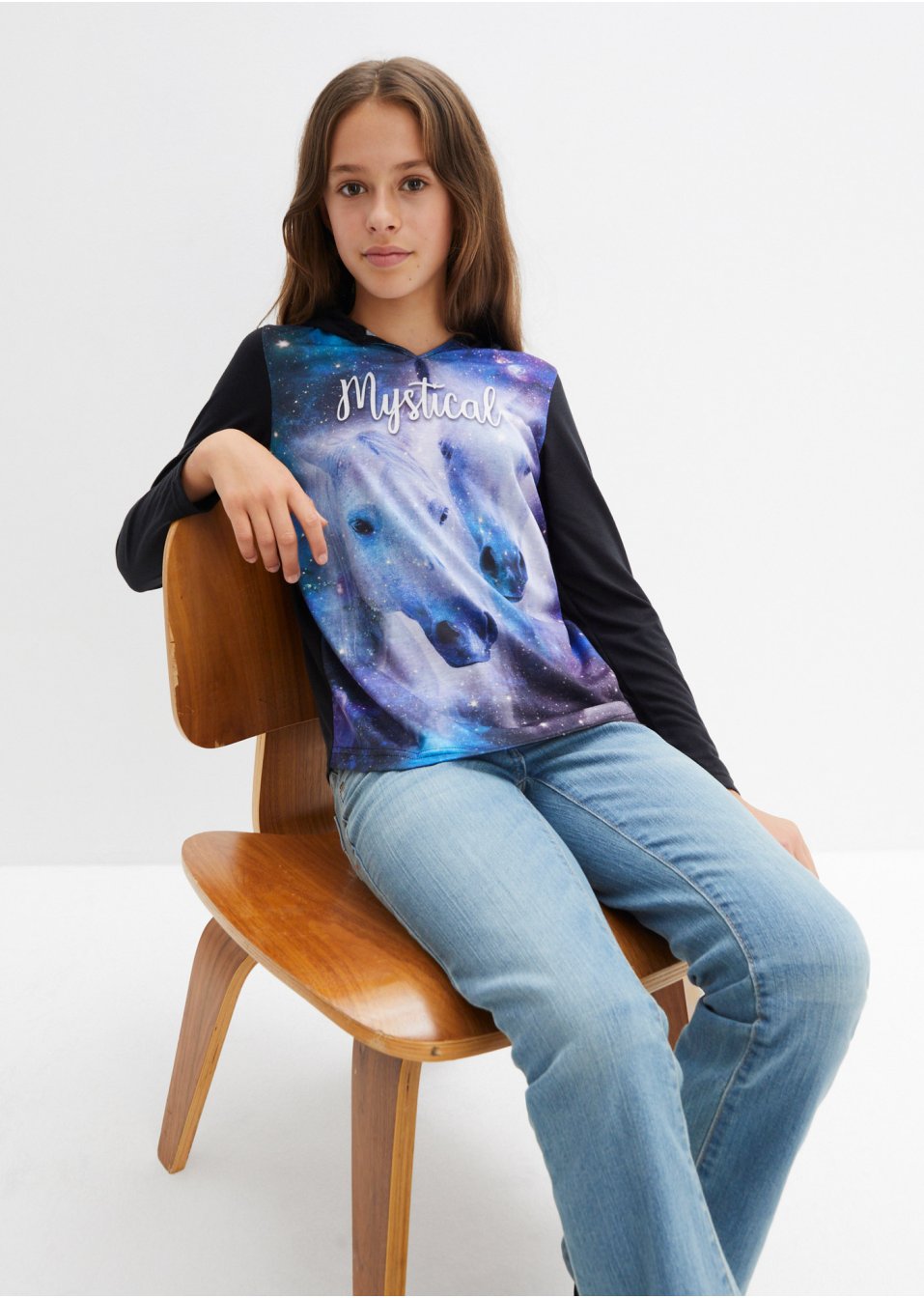 T-shirt manches longues fille avec capuche et imprimé photo