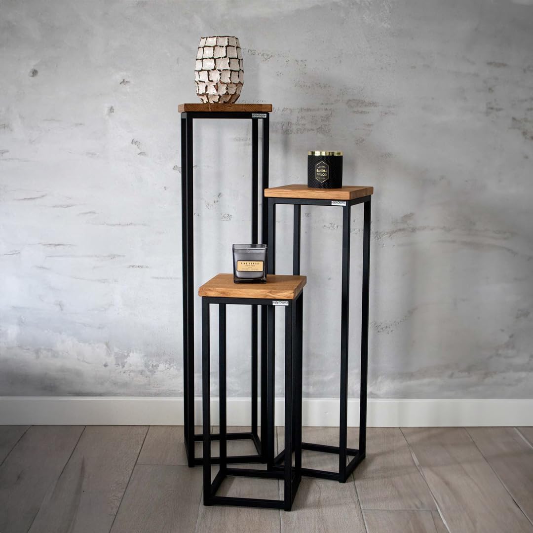 holz4home® Dekoständer aus massiv Eichenholz I Blumenständer Natur Geölt I 3 Größen im Set I Dekosäule mit Stahlrahmen I Blumentreppe aus Metall & Holz Geölt