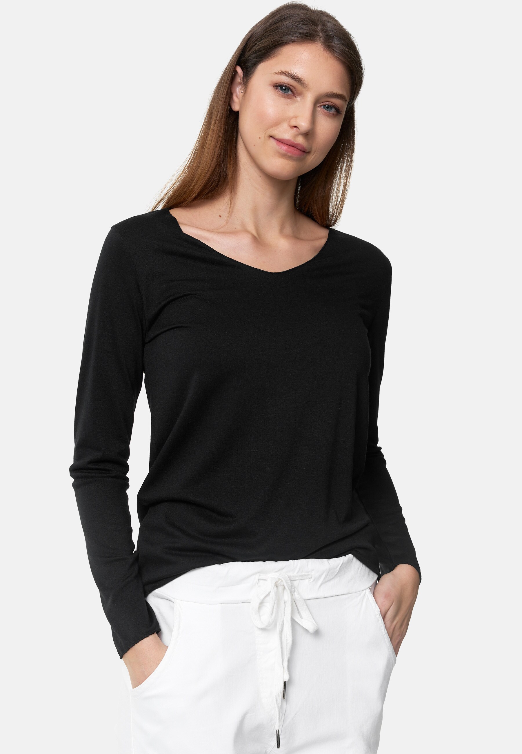 PM SELECTED Damen Longsleeve Legeres Langarm Sommer Shirt mit V-Ausschnitt in Einheitsgröße PM16