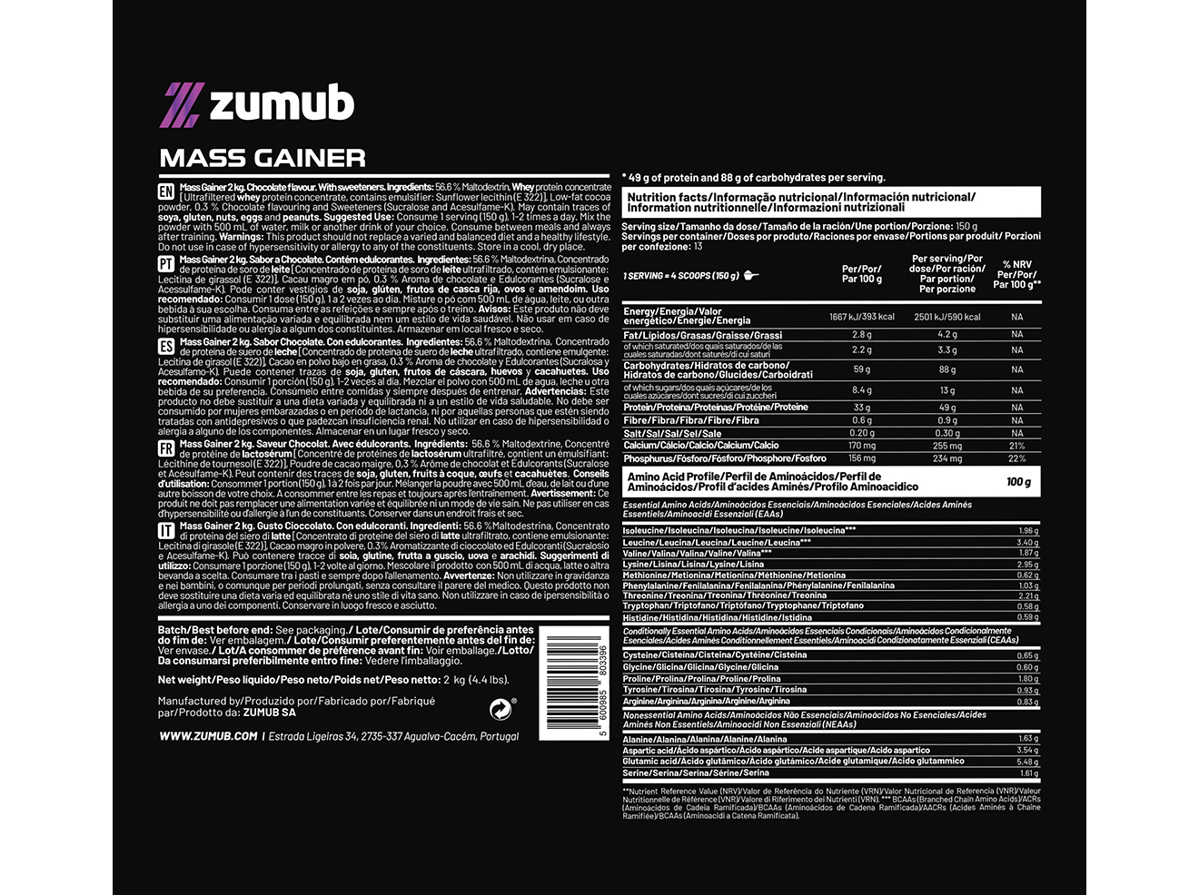 SUPLEMENTO ZUMUB MASS GAINER CHOCOLATE 2KG