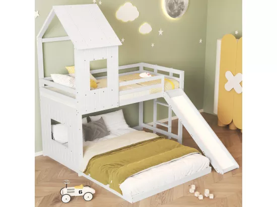 Lit superposé cabane pour enfant avec toboggan - 90x200cm et 140x200cm - Pin certifié FSC + MDF - Blanc