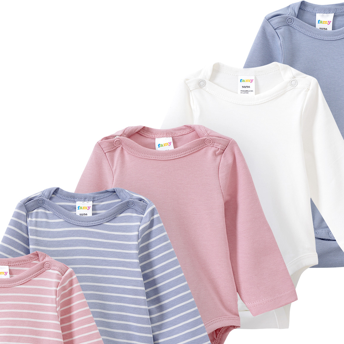 Famy 5 Baby Bodys in verschiedenen Dessins hellblau / rosa / weiss