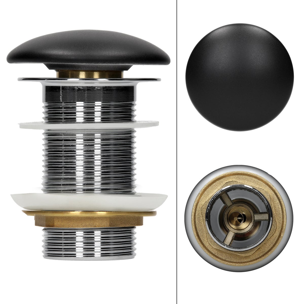 ML-Design Universele afvoerfitting voor wastafels en wastafelmeubels zonder overloop, keramische afdekking zwart roestvrij staal, 1 1/4 inch pop-upklep, afvoerklep afvoerfitting gootsteenstop met afdichtingen