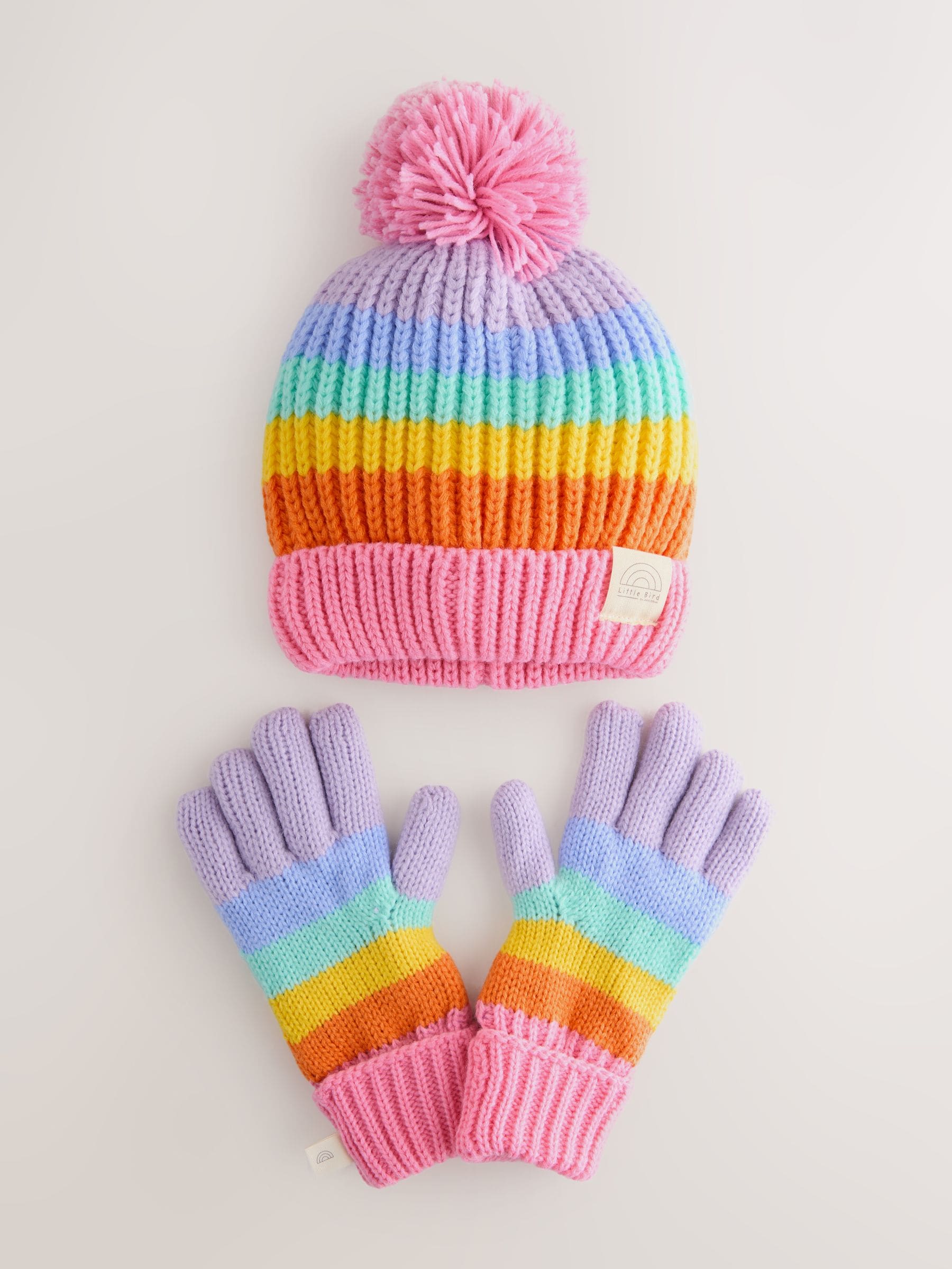 Meerkleurige pastel regenboogstreep - Little Bird by Jools Oliver set van muts met wanten of handschoenen