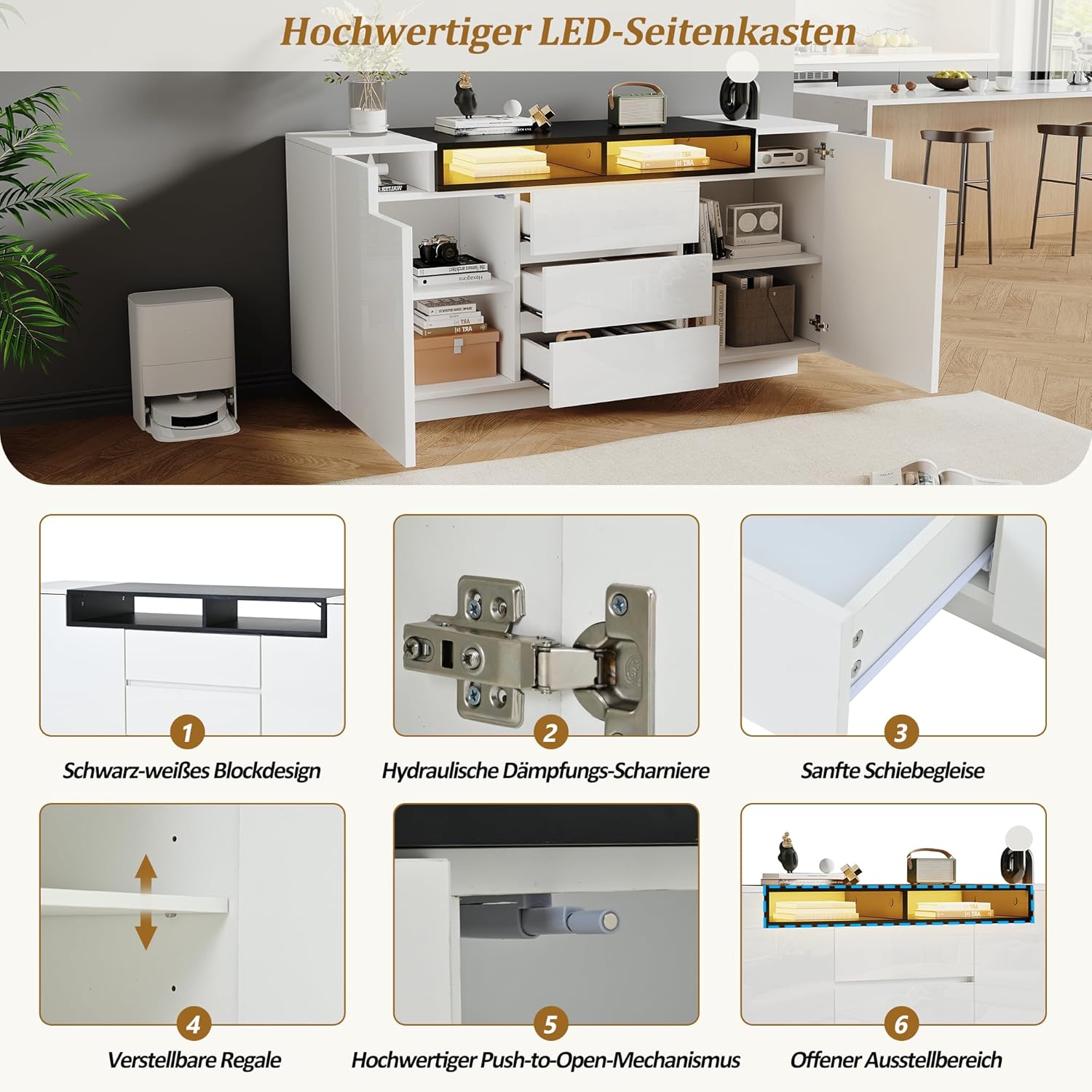 ModernLuxe LED Sideboard Hochglanz Kommode 140x40x68cm,3 Schubladen und 2 L-Türen, Wohnzimmer Sideboard Weiß Schwarz mit Verstellbaren Regalen