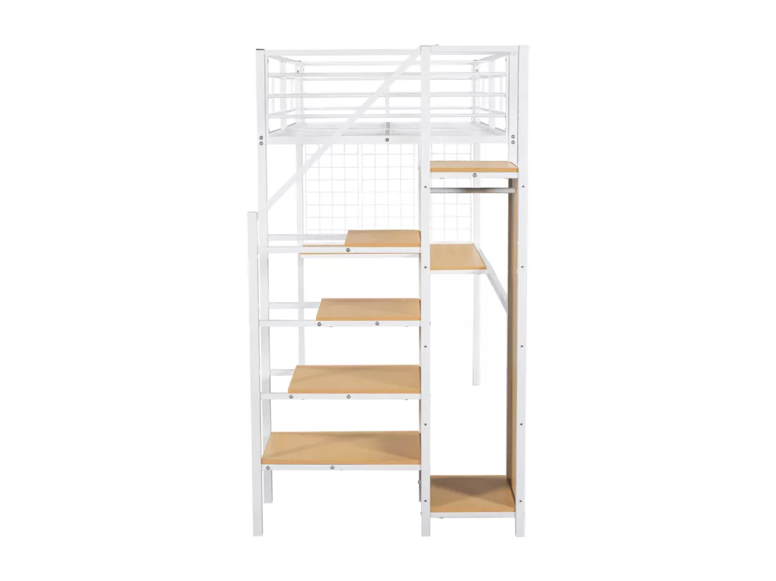 Lit mezzanine 90x200cm, lit enfant avec table et armoire, échelle latérale, acier + MDF, blanc