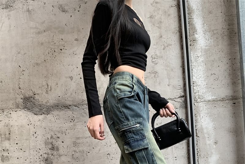 Kenning - High Waist Washed Wide Leg Cargo Jeans