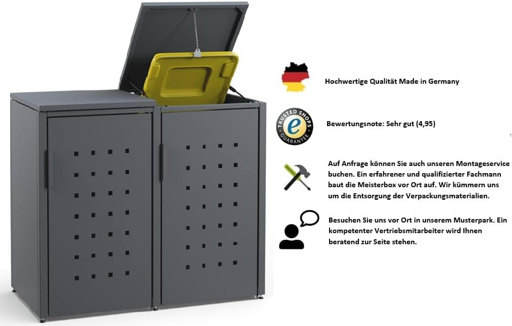 4er Mülltonnenbox Mülltonnenverkleidung mit Flachdach - 240L - Korpus & Dach Anthrazit/Pfosten Signalgrau