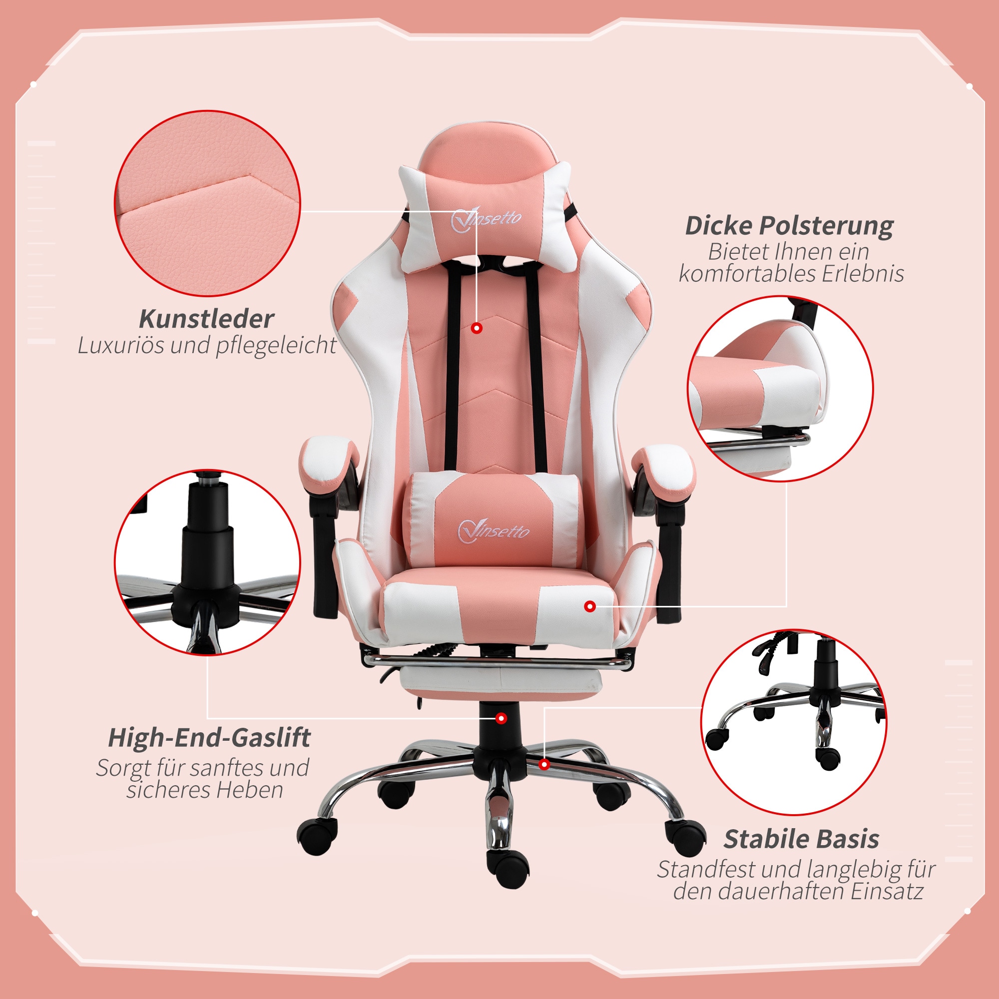 Vinsetto Gamingstuhl mit Rallystreifen rosa, weiß 64 x 67 x 127 cm (BxTxH)