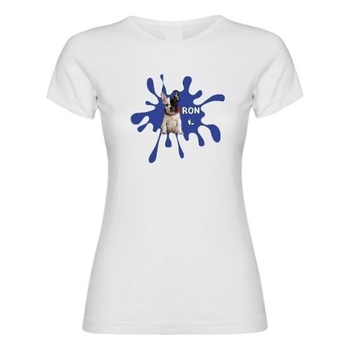 Camiseta feminina branca com estampa de tinta personalizável.