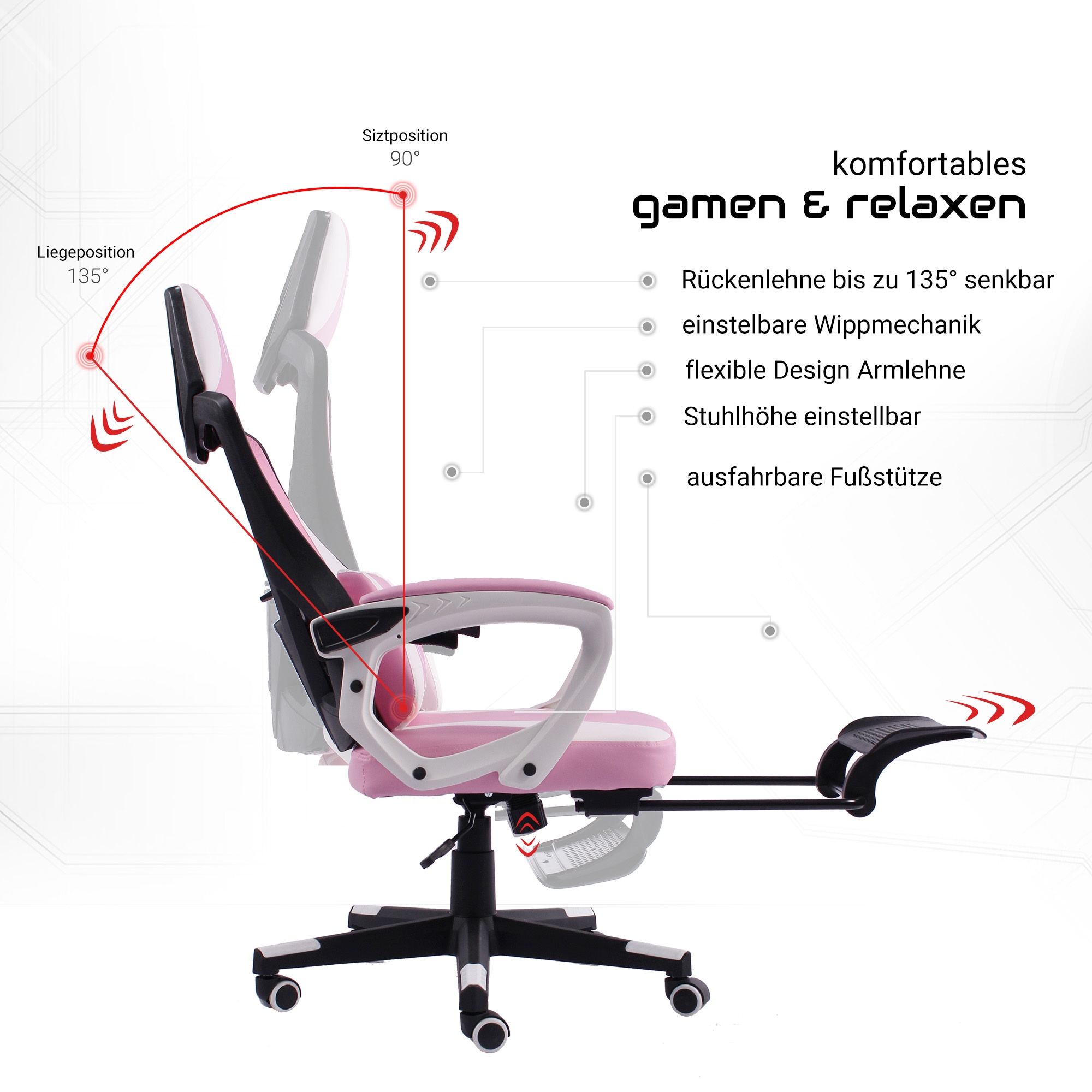 Gaming Stuhl im modernen Racing-Design mit einklappbarer Fußstütze - Gaming Chair mit flexiblen Armlehnen - ergonomischer Gaming Schreibtischstuhl mit extra Stützkissen