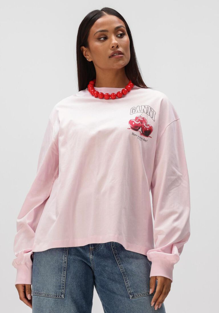lichtroze ganni trui basic cotton jersey long sleeve