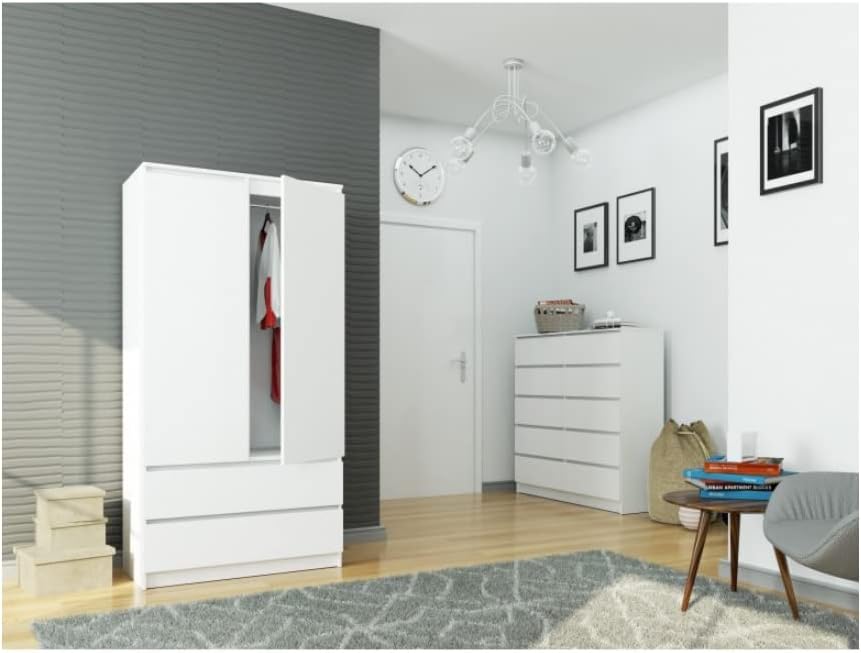 BDW Kleiderschränk 2 Türen, 4 Einlegeböden, Kleiderständer, 2 Schubladen, Mehrzweckschrank, Schubladenschrank, Garderobenschrank für Schlafzimmer, Wohnräume, 180x90x51cm, Weiß