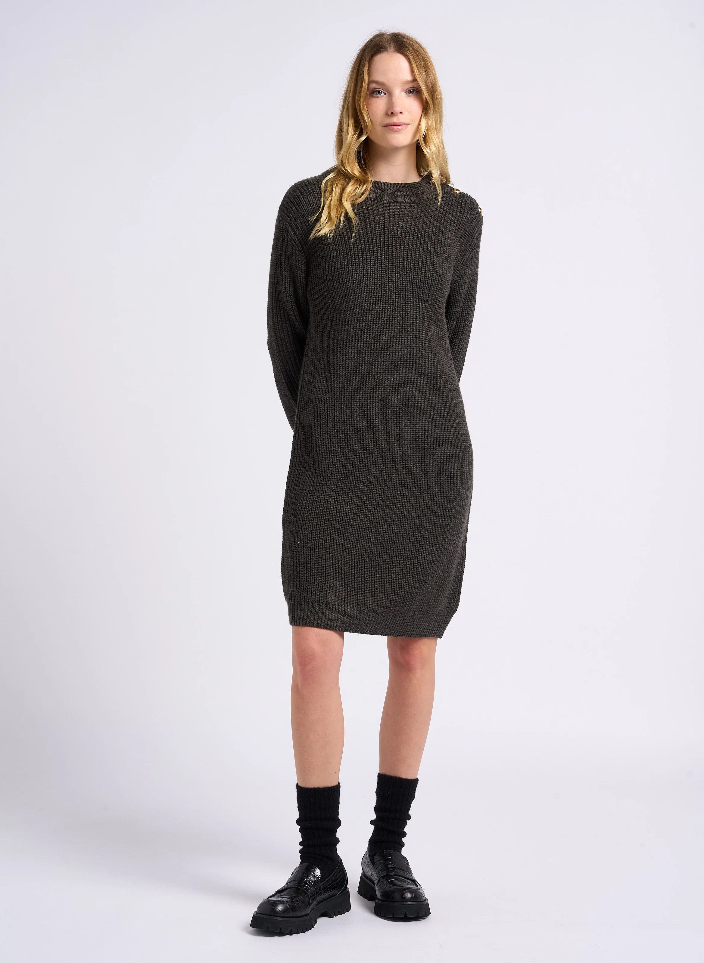 CEDRAVA - Robe courte col rond en maille | Noir