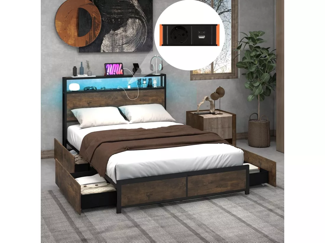 Cadre de Lit 140x200CM pour Adulte avec Éclairage LED et 2 Ports & Prise de Courantet, Sommier à Latte en Métal avec 4 Tiroirs à roulettes, Mode Musique, Lit Simple Double pour Chambre
