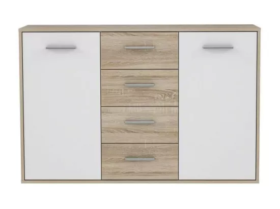 PILVI Buffet bas 2 portes 4 tiroirs - Blanc et chene sonoma - L 122,6 x P 34,2 H 88,1 cm