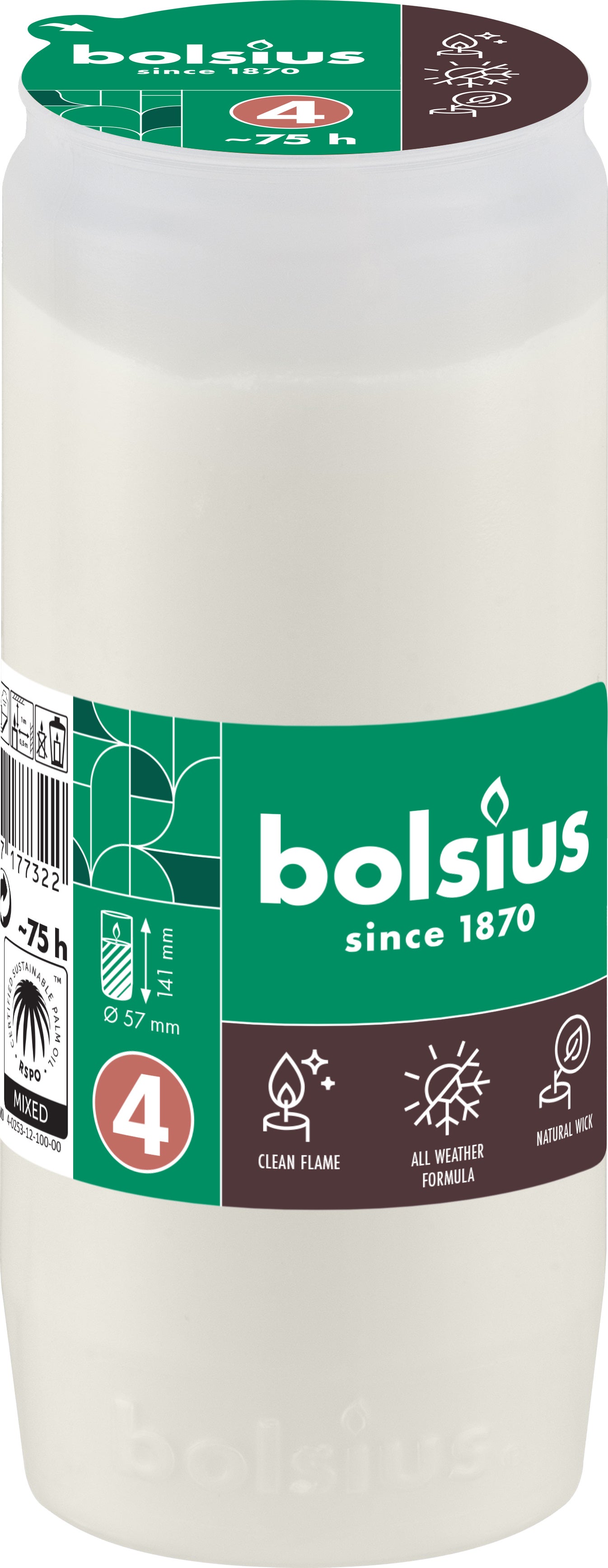 Bolsius herdenkingslicht wit 75 uur D 5,7 H 14 cm