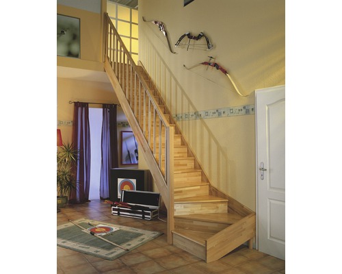 Pertura Elenie beukenhouten trapboom, onbehandeld, zonder stootborden, kwartslag, linksonder, 83,5 cm, 16 treden / 17 stootborden, zonder leuning