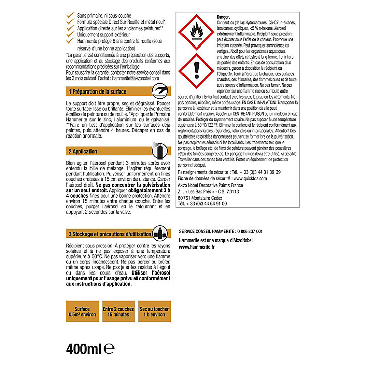Peinture extérieure aérosol e métal direct sur rouille Hammerite brillant laqué noir 400ml