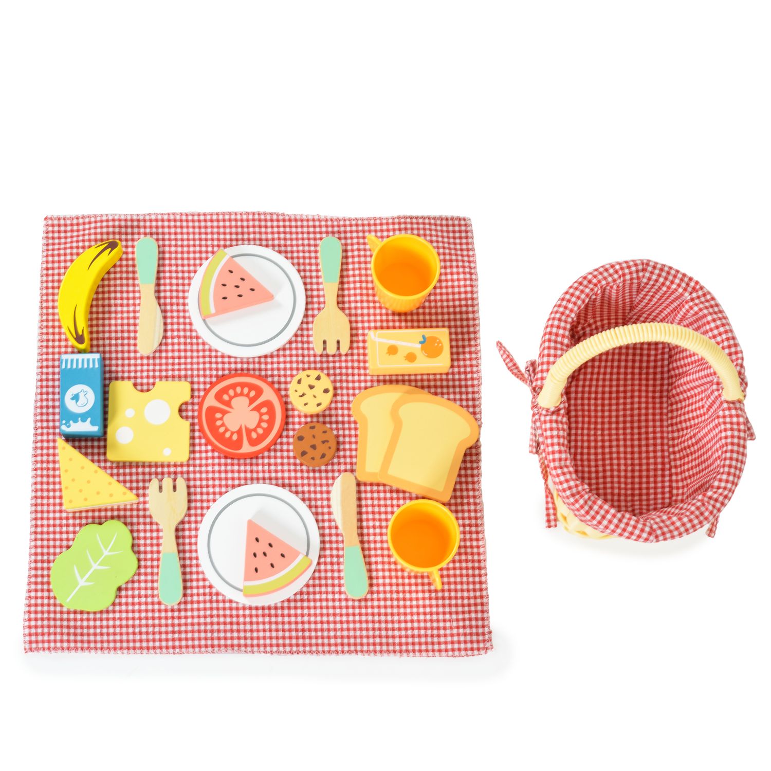 Tooky Toy Spielzeug Picknickkorb TK454 Holz, Picknickdecke, Teller, Lebensmittel rot