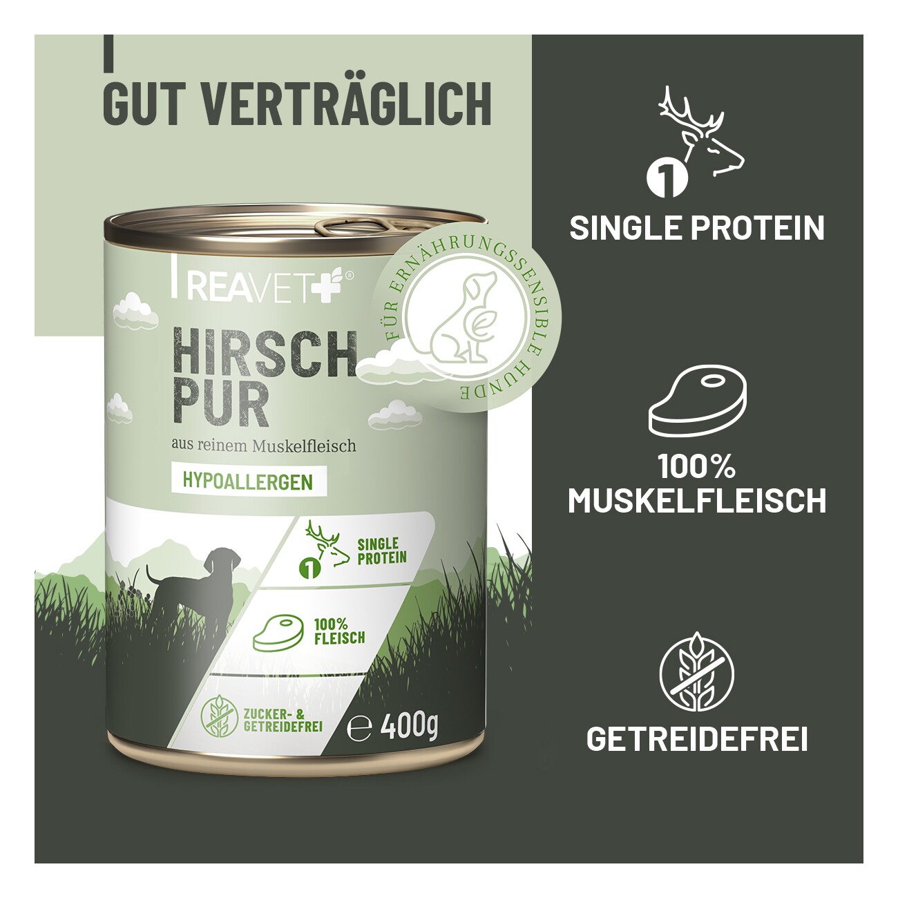 REAVET Hunde Nassfutter - Hirsch PUR 6x400 g