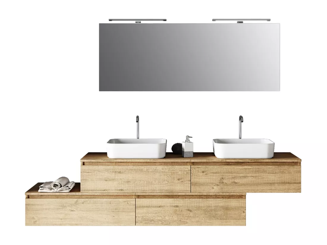 Ensemble de salle de bain double vasque 9 pièces ASTRA chêne miel