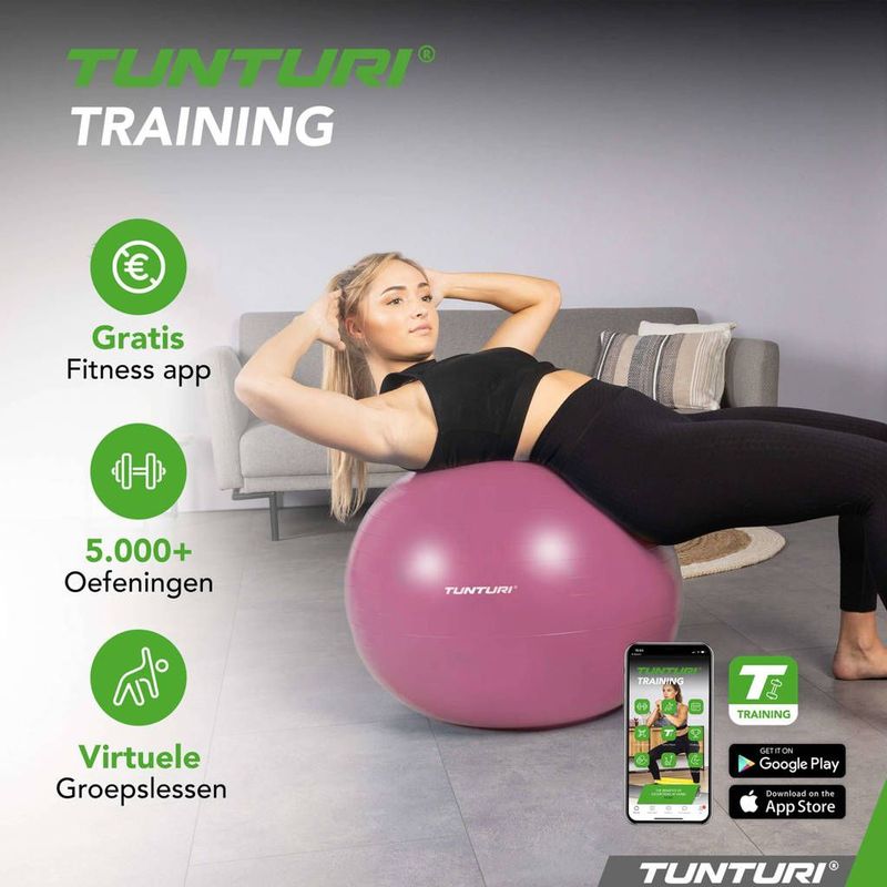 Tunturi - Anti Burst Fitnessbal - Paars - 65 cm - Inclusief Pomp - 220 kg Gebruikersgewicht