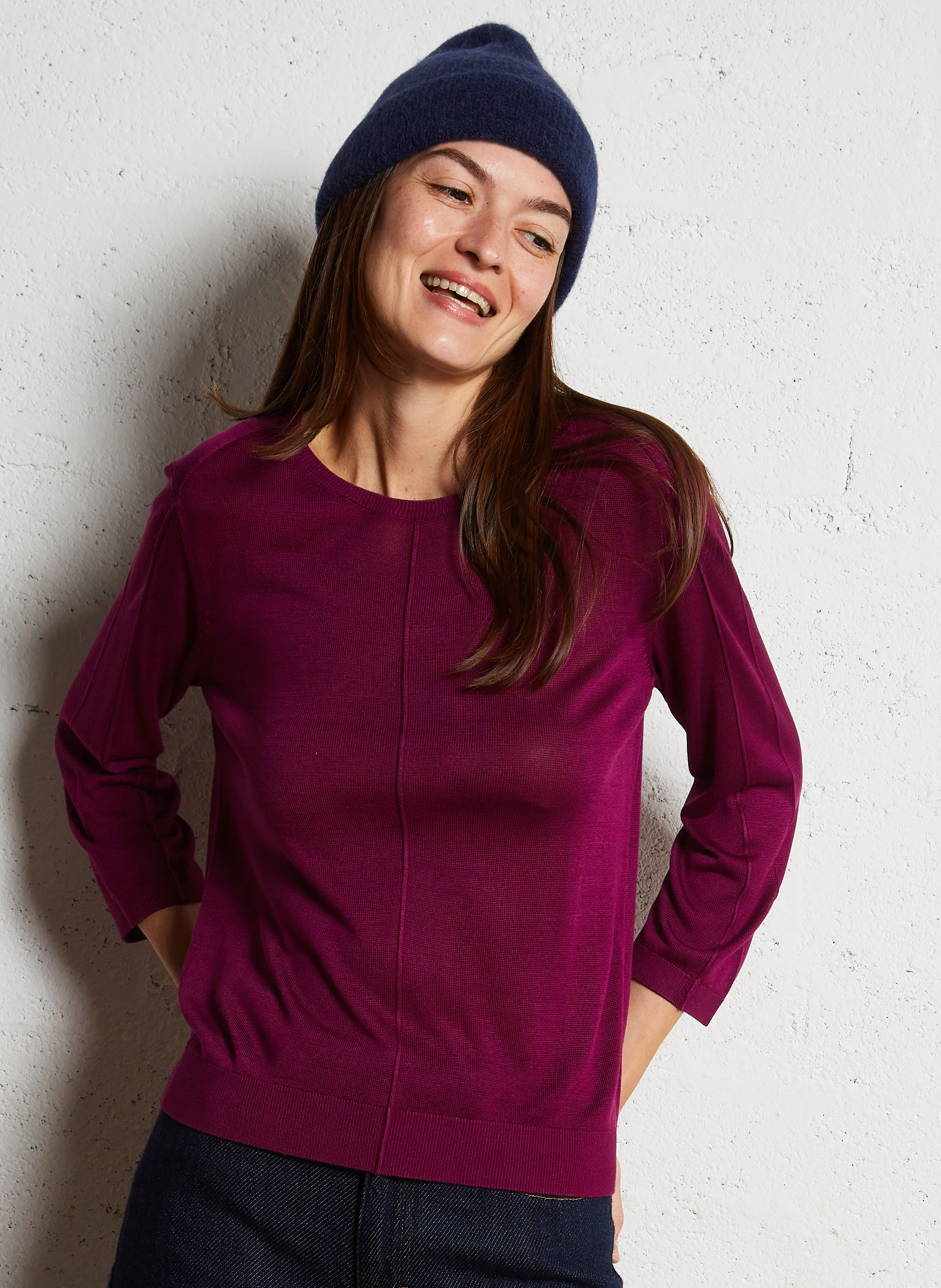 CARLY - Pull droit col rond en maille fine | Rose