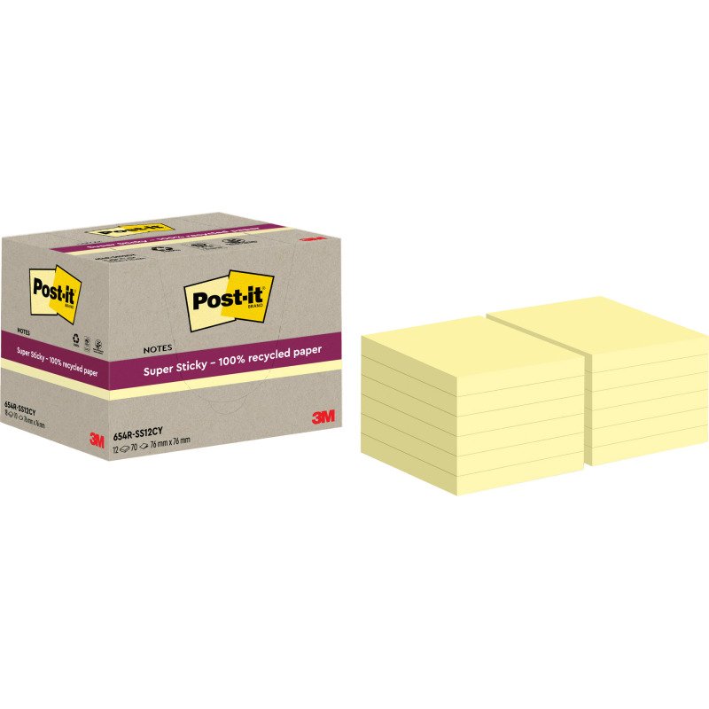 Notes repositionnables recyclées jaunes pastel Super Sticky Post-it - bloc de 70 feuilles = Pour l'achat notes repositionnables, 1 sachet de M&M OFFERT